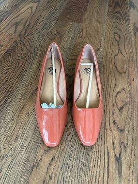 Trary orange Patent Block Heel Pumps
